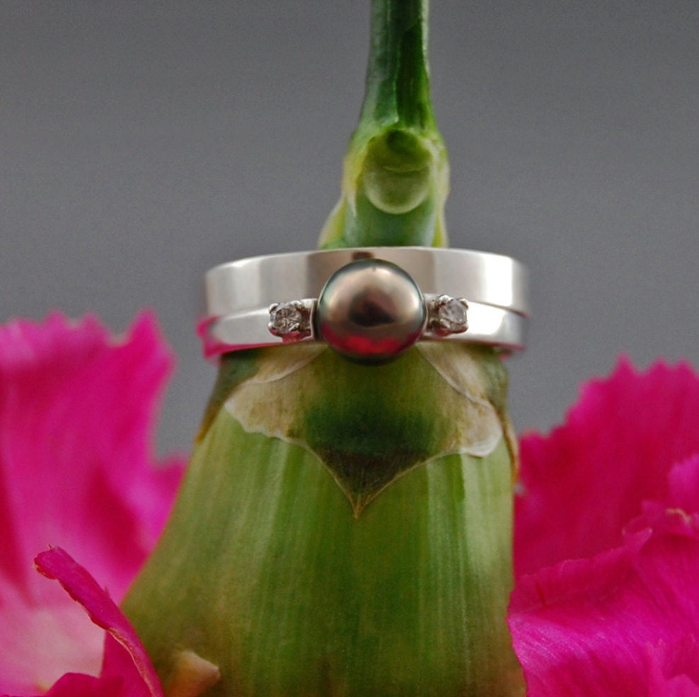 Alisa - Akoya Pearl Engagement Ring, 14kt White Gold, Diamond Accent, FREE SHIP US