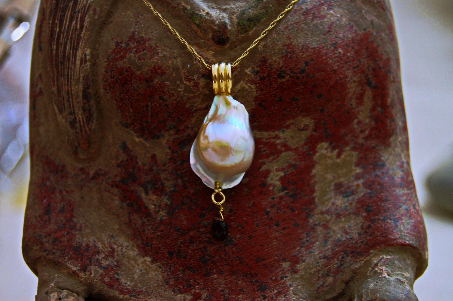 Avalon - 14k Gold Pearl Pendant Necklace with Garnet Accent. FREE SHIPPING US