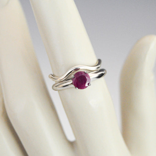 Corazon - Ruby Ring Set in Solid Argentium® Silver, Rhodium Plated for Ease of Care. Free Shipping US.