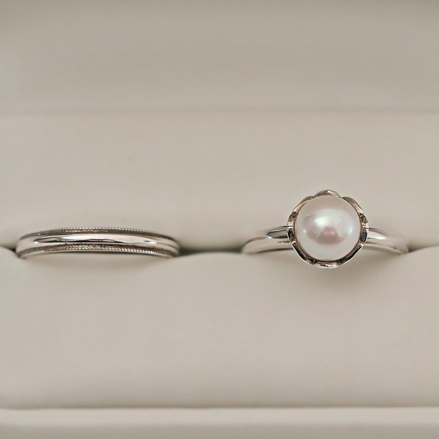 Emma - Pearl Wedding Ring Set in Solid Continuum® Sterling Silver. Free Shipping US.