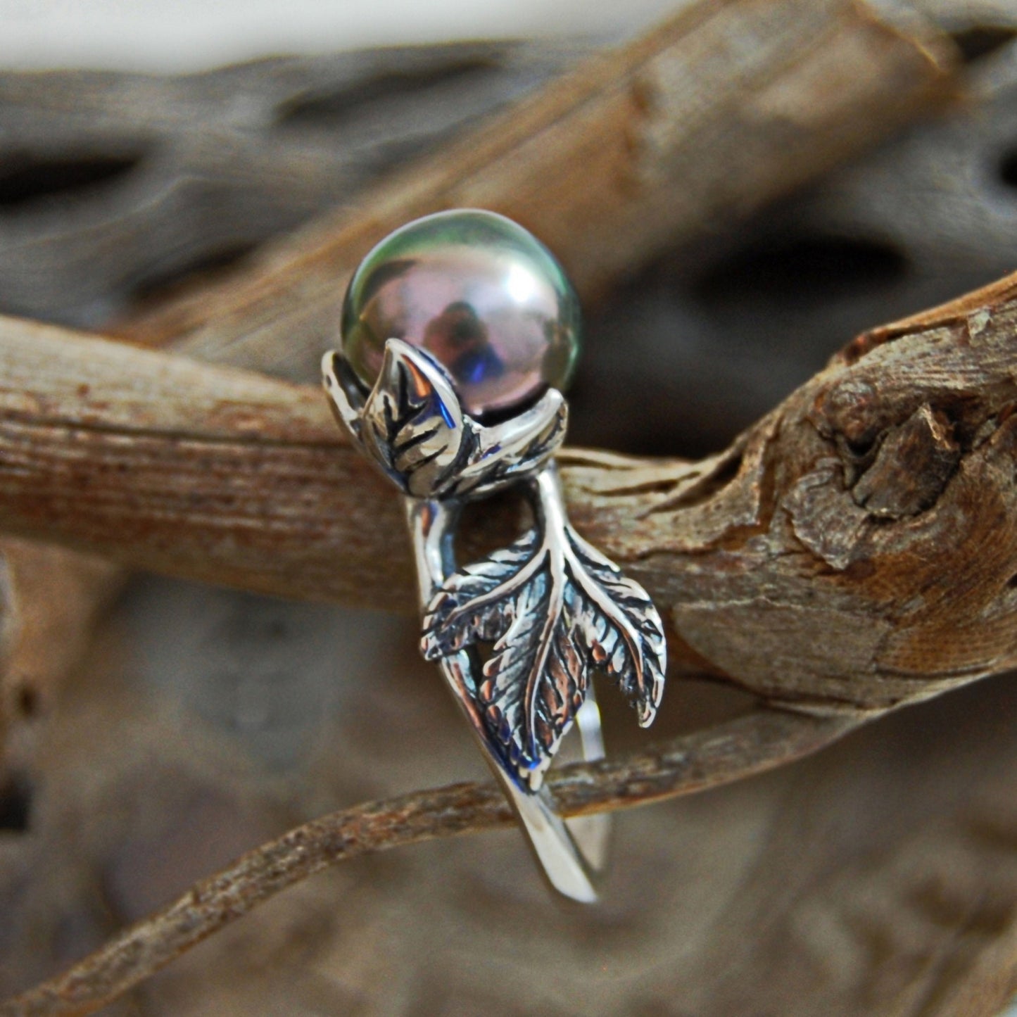 Camellia - Pearl Solitaire Ring Features a Rare Tahitian Pearl Set in Solid Sterling Silver, FREE SHIPPING US