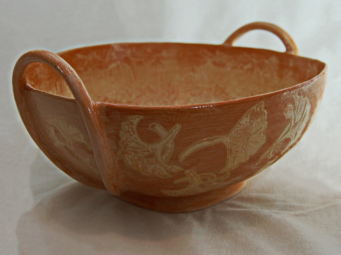 Provencal Ginkgo - Large handmade bowl with sgraffito drawings and added strap handles with a Ginkgo leaf motif. Free shipping US.
