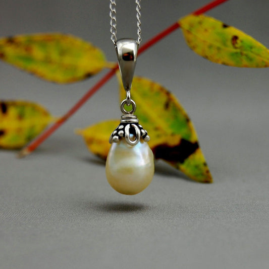 Perla - Freshwater Cream Nucleated Pearl Pendant Necklace, Solid Sterling Silver, FREE SHIP US