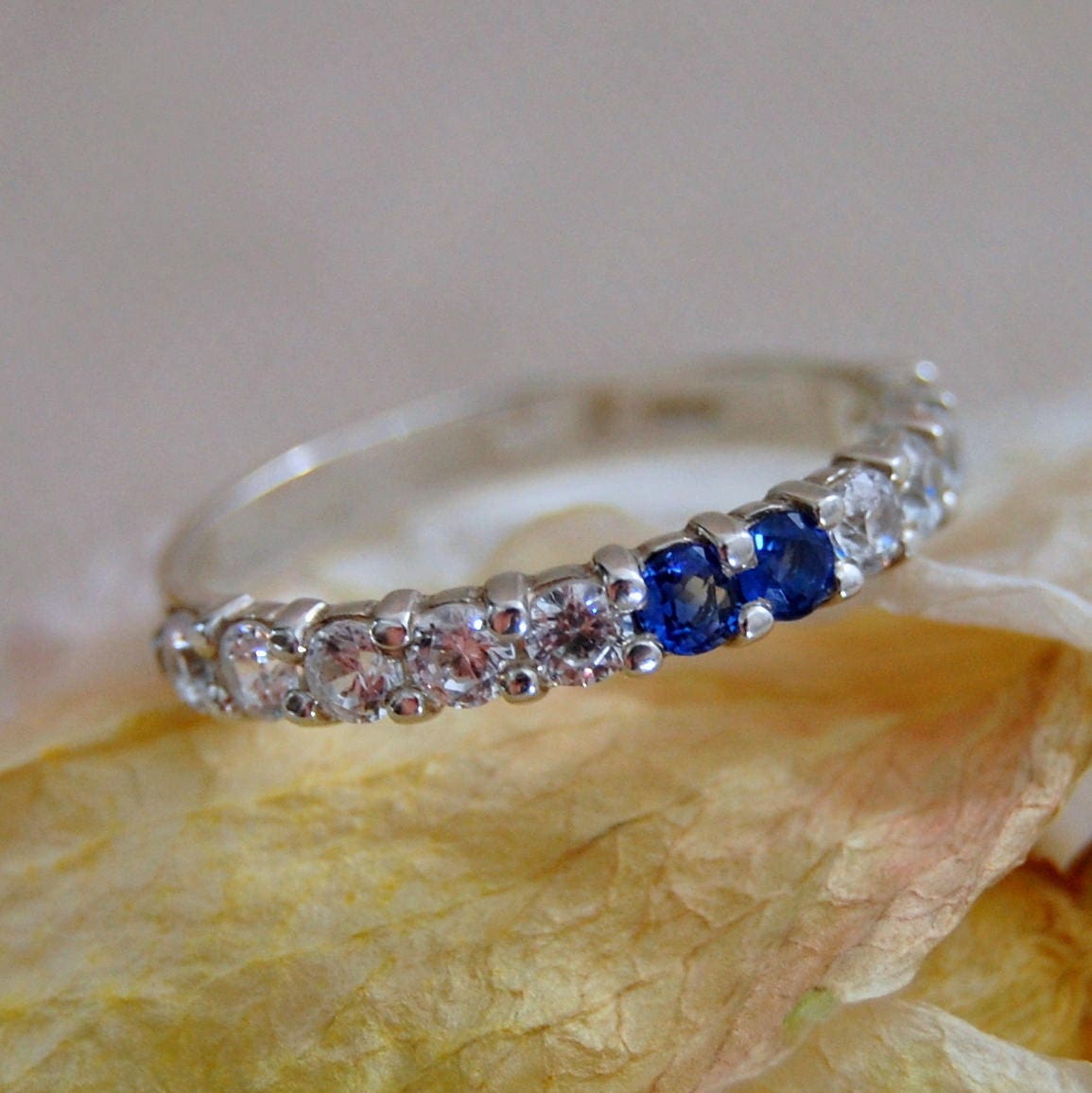 Amy - Gemstone Engagement or Wedding Ring, Sapphire and CZ band, FREE Shipping US