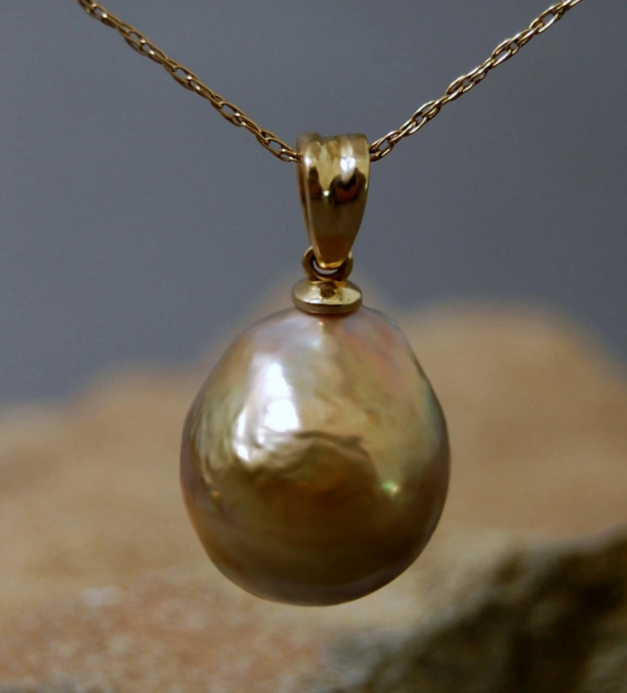 Hera - Pearl Pendant Features a Unique Freshwater Pearl Set in Solid 14kt Yellow Gold, FREE SHIPPING US