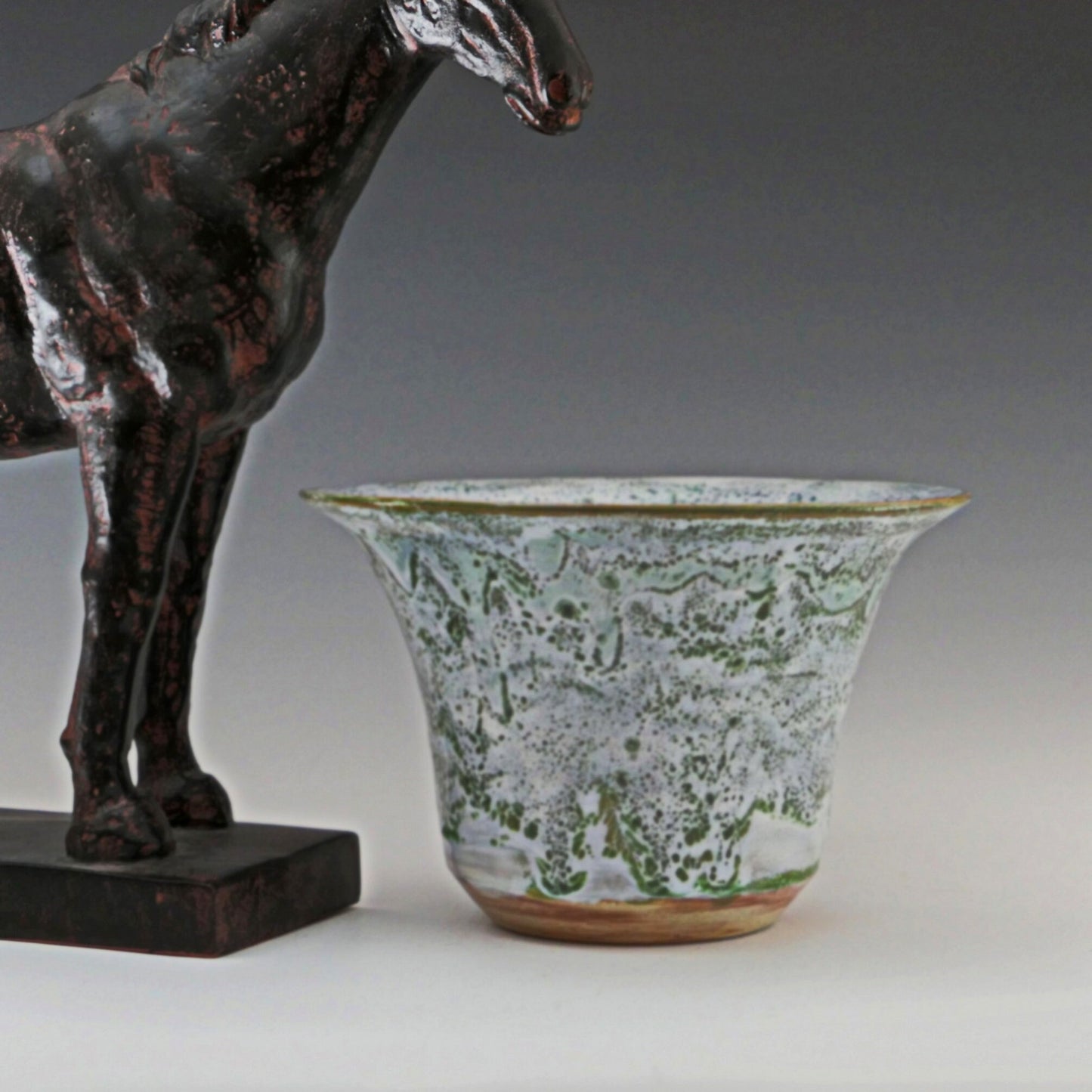 Matcha Latte - Flared Rim Ceramic Bowl, Green and white glazes over marbled red and tan clay. Unique. Free shipping within the US.