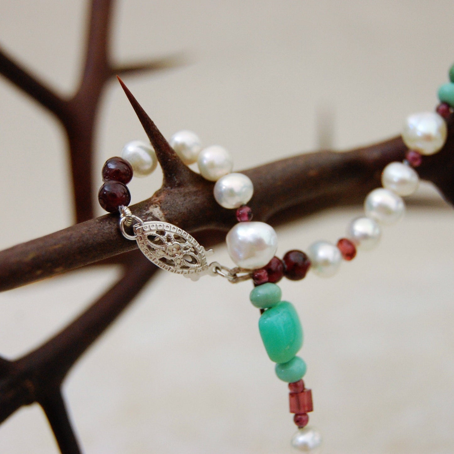 Midori - Gemstone / Pearl Statement Necklace Sterling Silver White Gold