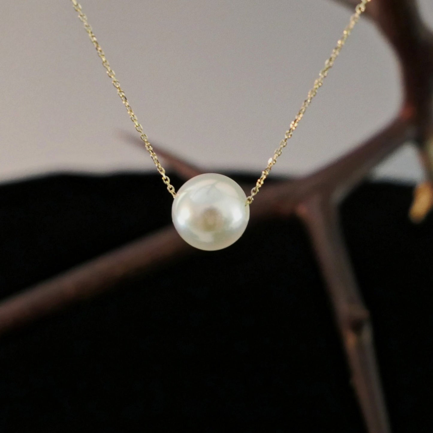Noelani - Floating Akoya Pearl Pendant Necklace in White or Blue/Gray Set on Solid 14kt Gold Chain. Free Shipping US.