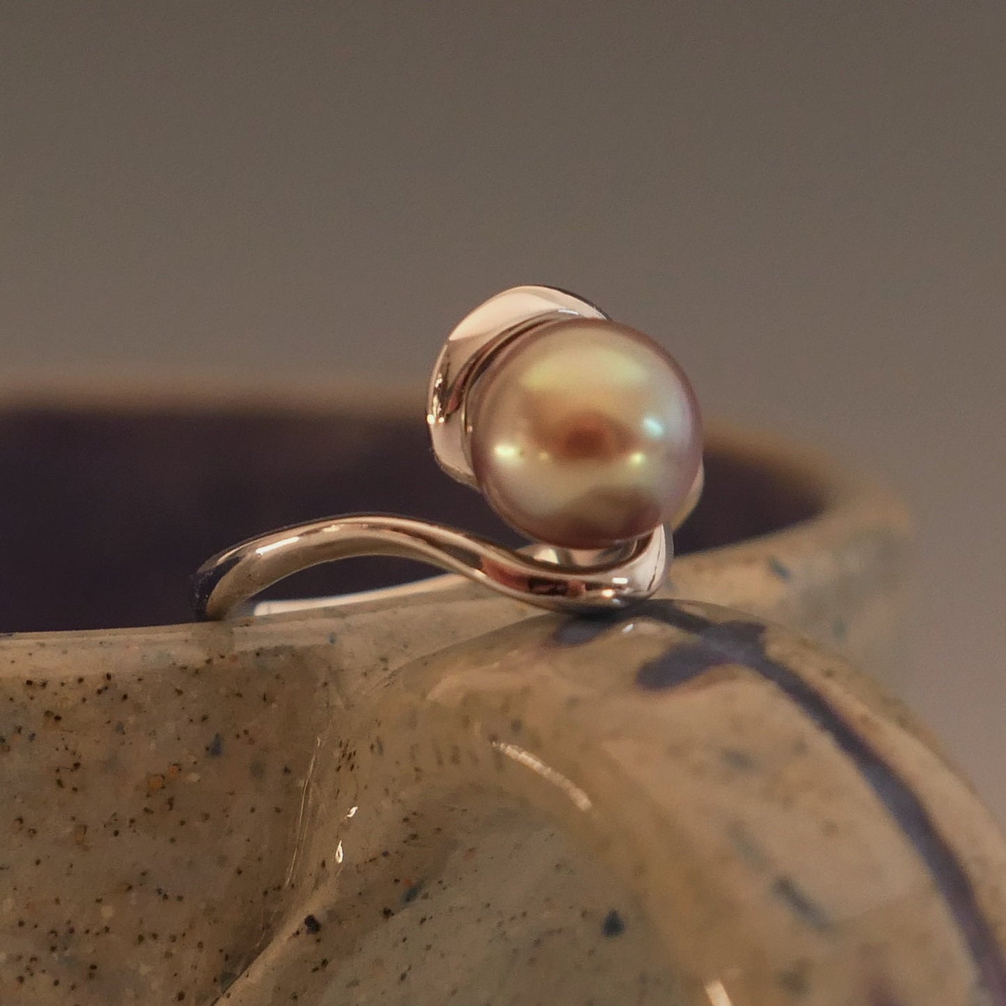 Lakshmi - Freshwater Pearl Engagement or Stacking Ring Set in Solid Sterling Silver. Rare Natural Pewter Gray Color. FREE SHIPPING US