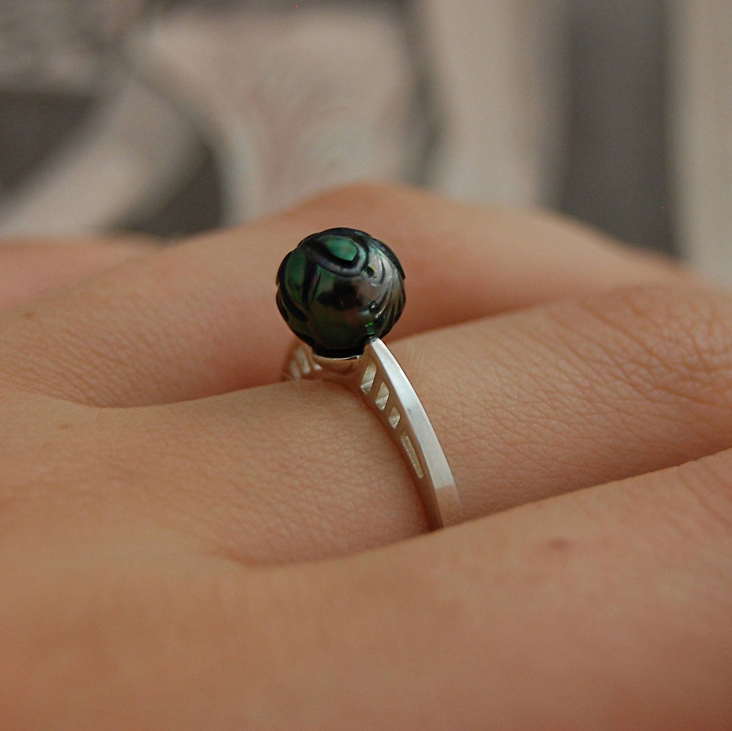 Ebony - Pearl Ring Features a Carved Tahitian Pearl, Set in Solid Sterling Silver, FREE SHIP US