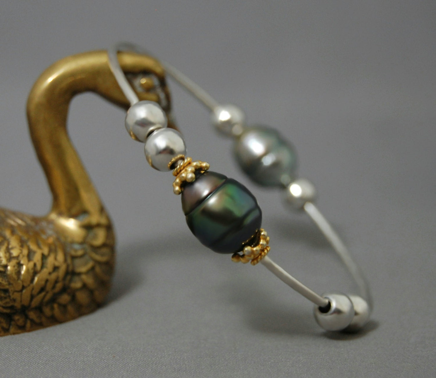 Lola - Pearl Bangle Bracelet Features Tahitian Pearls set on Argentium® Silver with Free Moving Accents, FREE SHIPPING US