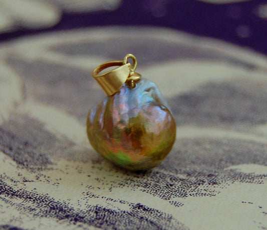 Taisa - Rainbow Pearl Pendant 14kt Gold, FREE SHIPPING US