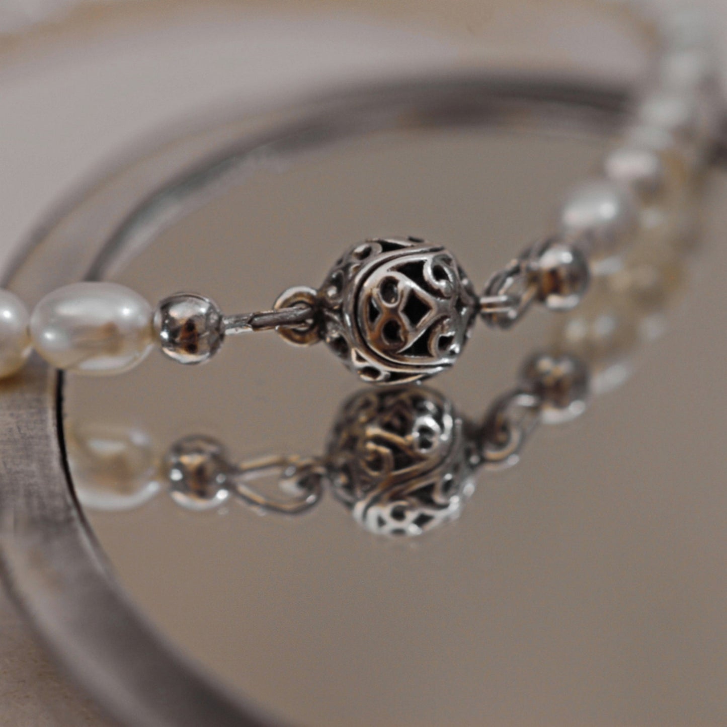 Lucy- Lovely White Freshwater Pearl Bracelet with Oxidized Sterling Silver Filigree Magnetic Clasp.