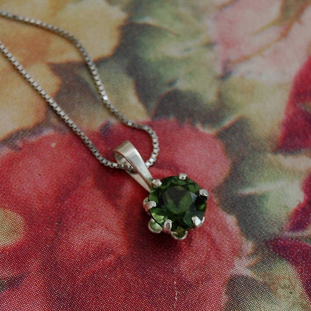 Petra - Green Genuine Moldavite Gemstone Pendant Set in Solid Sterling Silver, Rhodium Plated for Easy Care. FREE SHIPPING US.