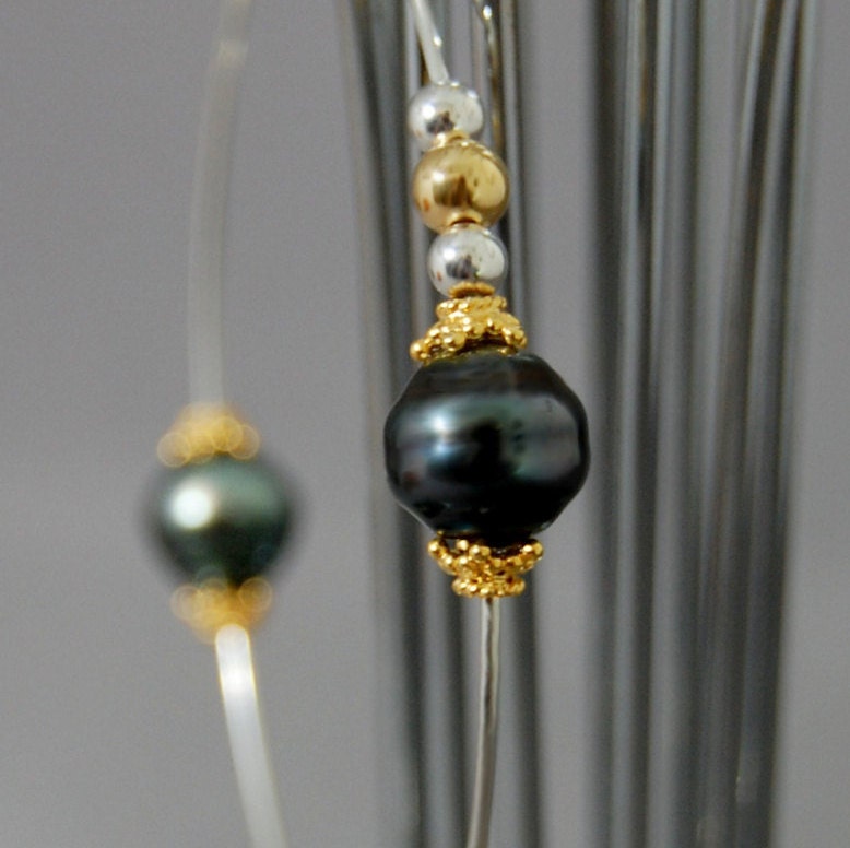 Titania - Tahitian Pearl Stacking Bracelet, Sterling Silver and Gold, FREE SHIP US
