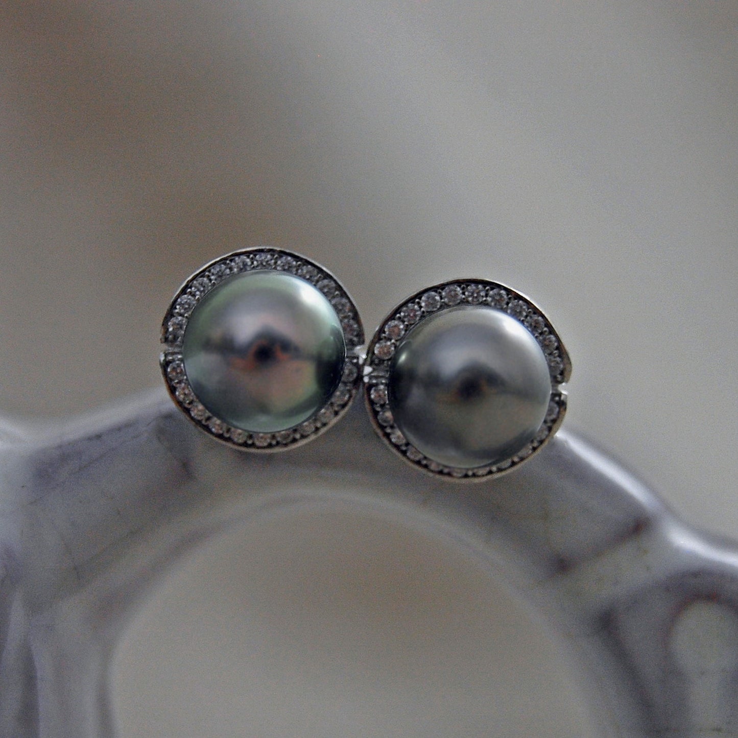 Cinder - Pearl Halo Style Earrings Featuring Tahitian pearls, CZs and Rhodium Plated Sterling Silver, FREE SHIP US