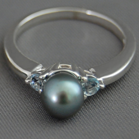 Miri - Akoya Pearl Engagement Ring, Aquamarine gemstones, Continuum® Sterling Silver, Free Ship US