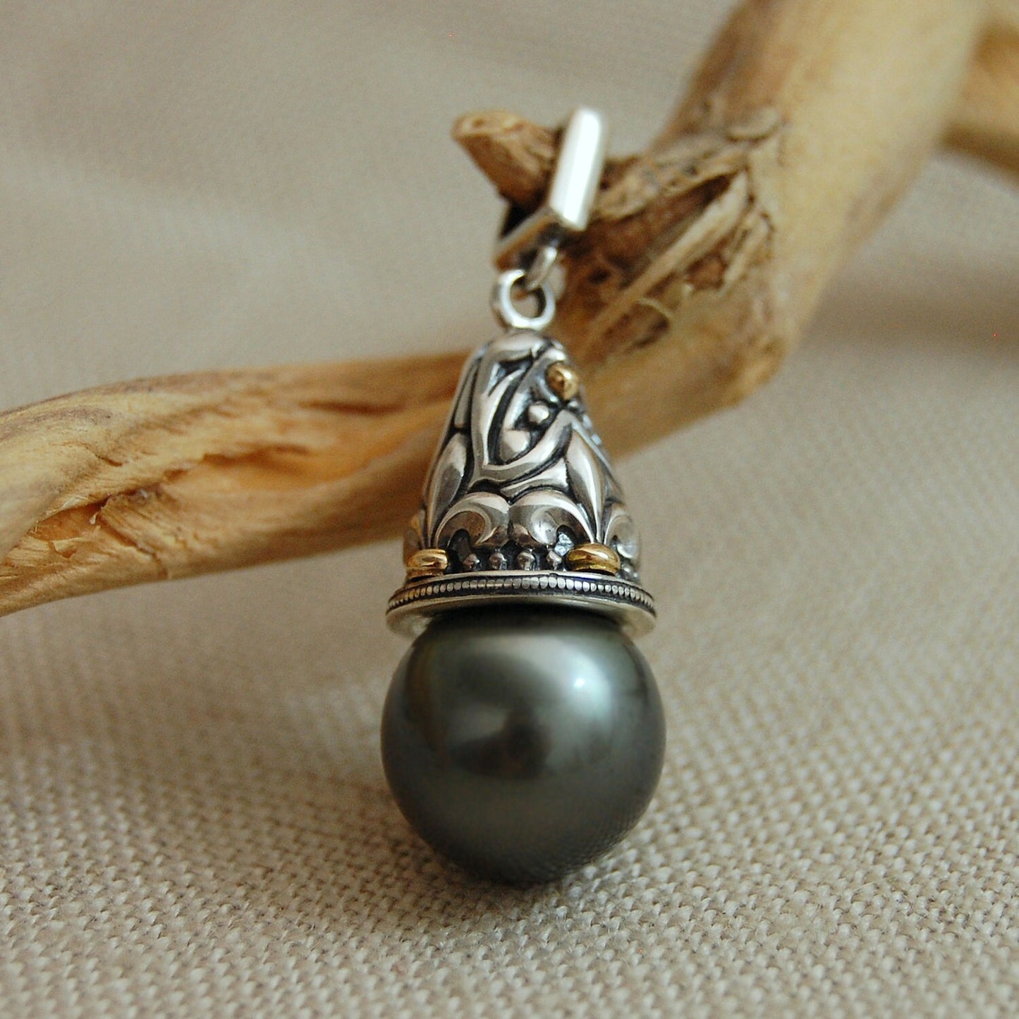 Elizabeth - Tahitian Pearl Pendant Set in Sterling Silver with Gold Accent, FREE SHIP USA