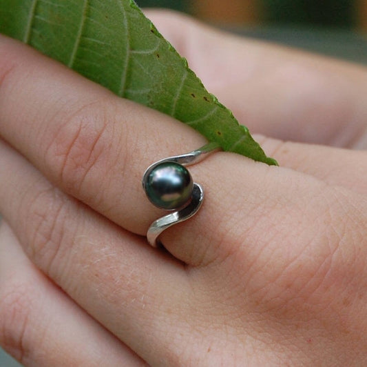 Delphine - Pearl Ring Features a Black Tahitian Pearl Set in Sterling Silver, FREE SHIP US