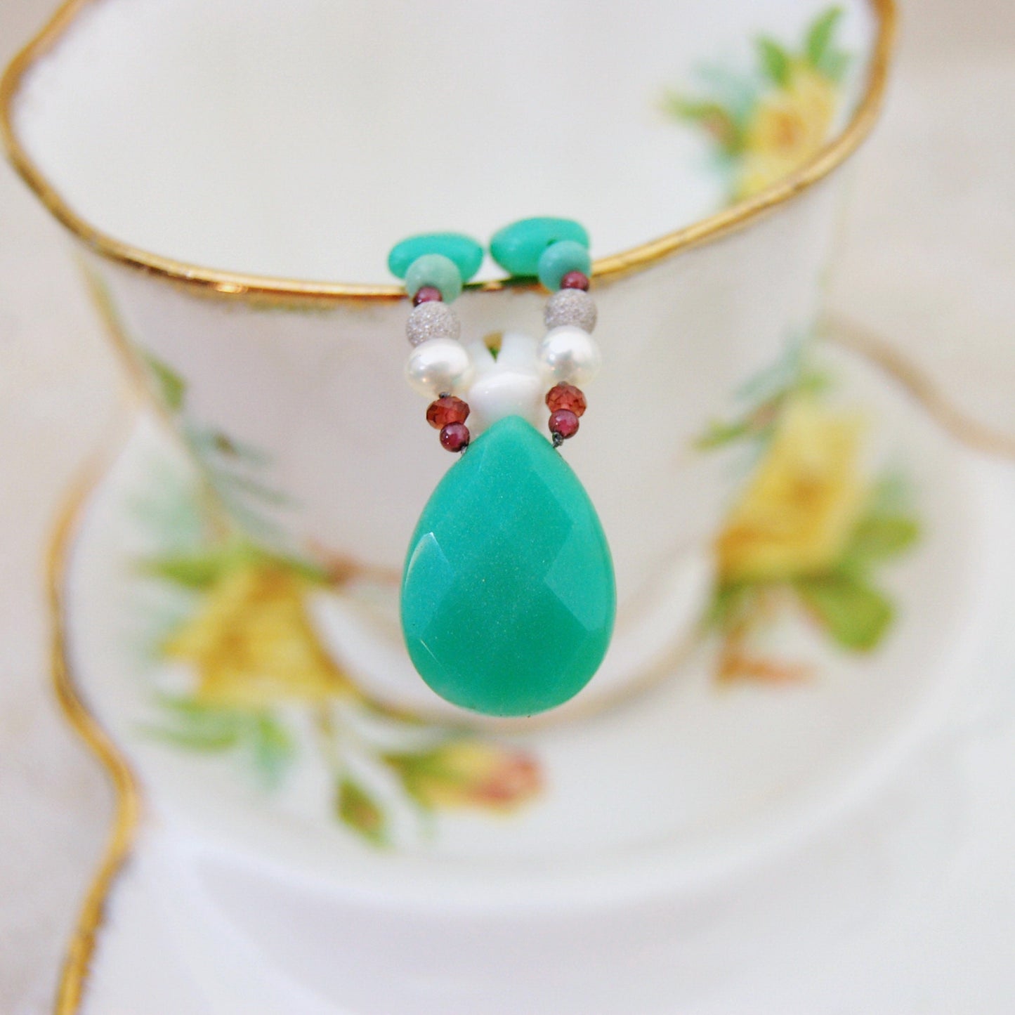 Midori - Gemstone / Pearl Statement Necklace Sterling Silver White Gold