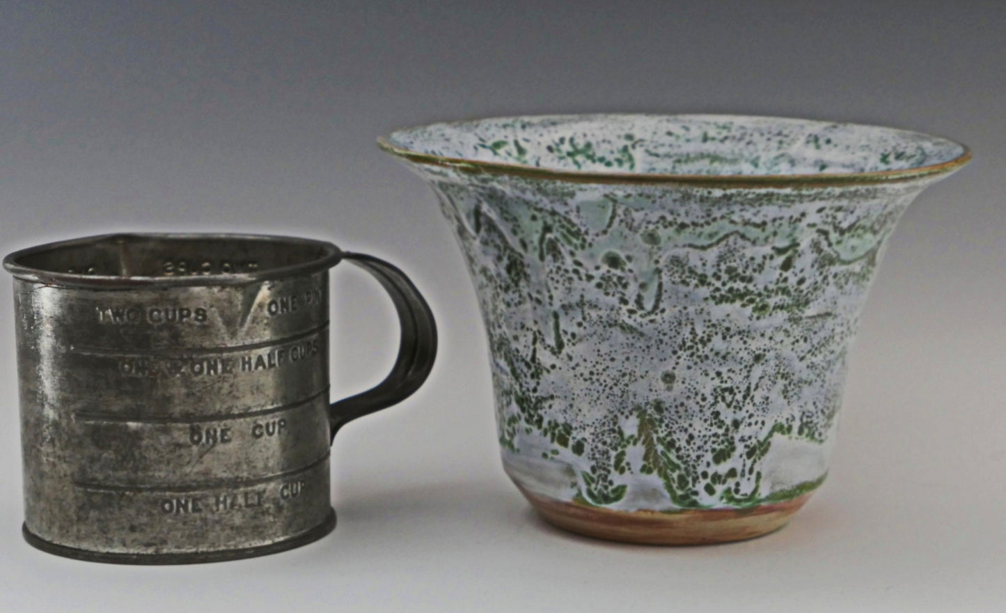 Matcha Latte - Flared Rim Ceramic Bowl, Green and white glazes over marbled red and tan clay. Unique. Free shipping within the US.