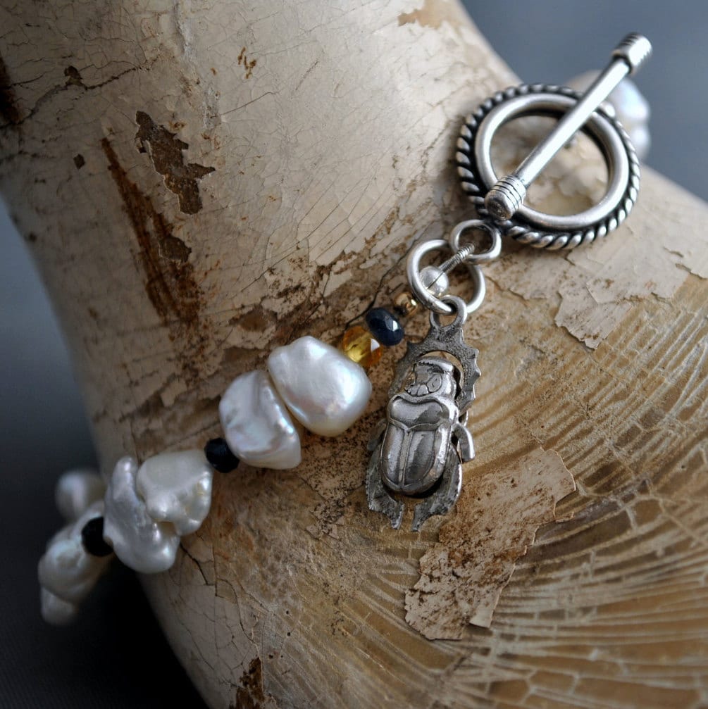 Terzah- Boho Keshi Pearl and Sapphire Bracelet with Detailed Scarab Beetle Charm. FREE SHIP US