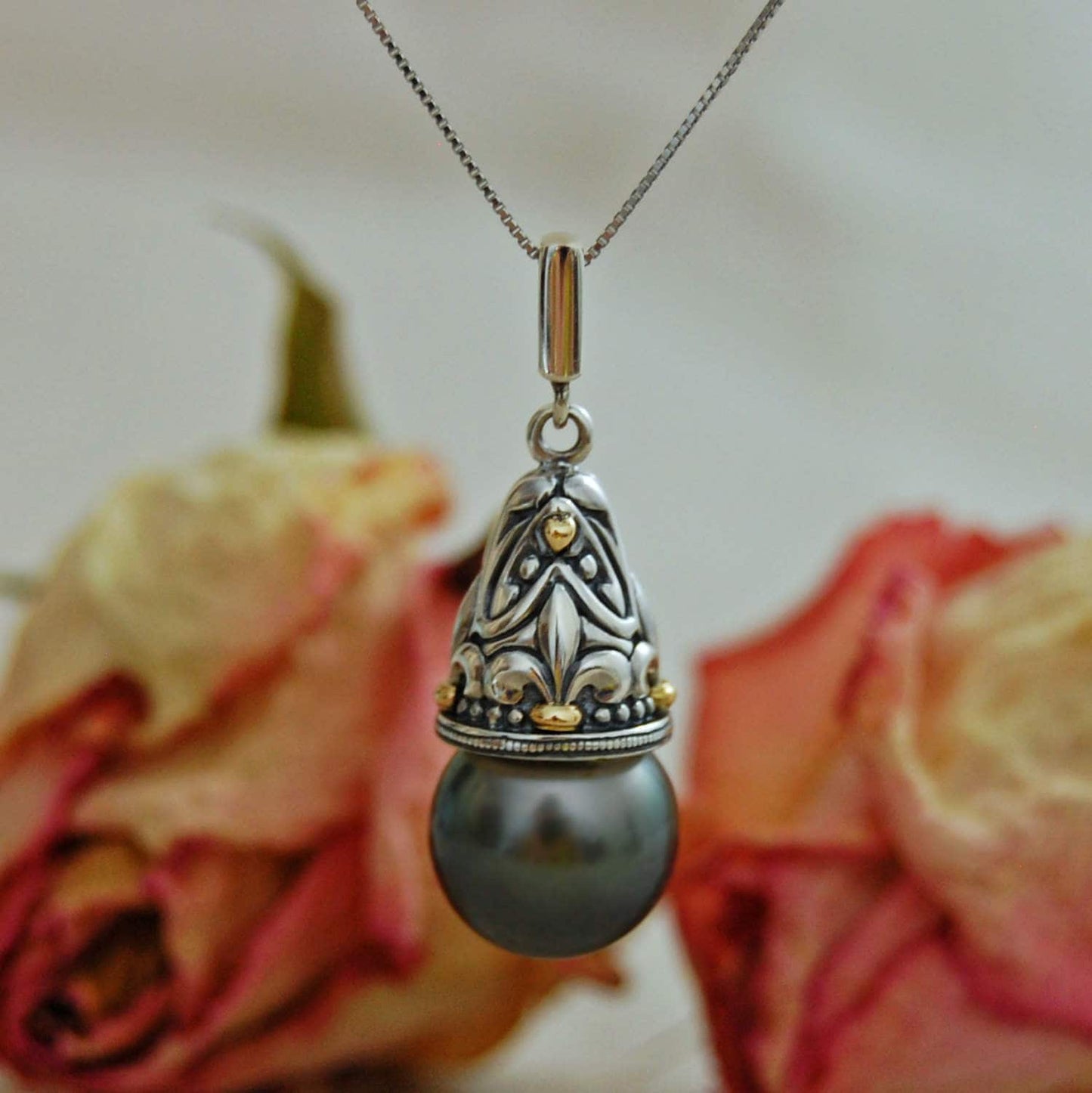 Elizabeth - Tahitian Pearl Pendant Set in Sterling Silver with Gold Accent, FREE SHIP USA
