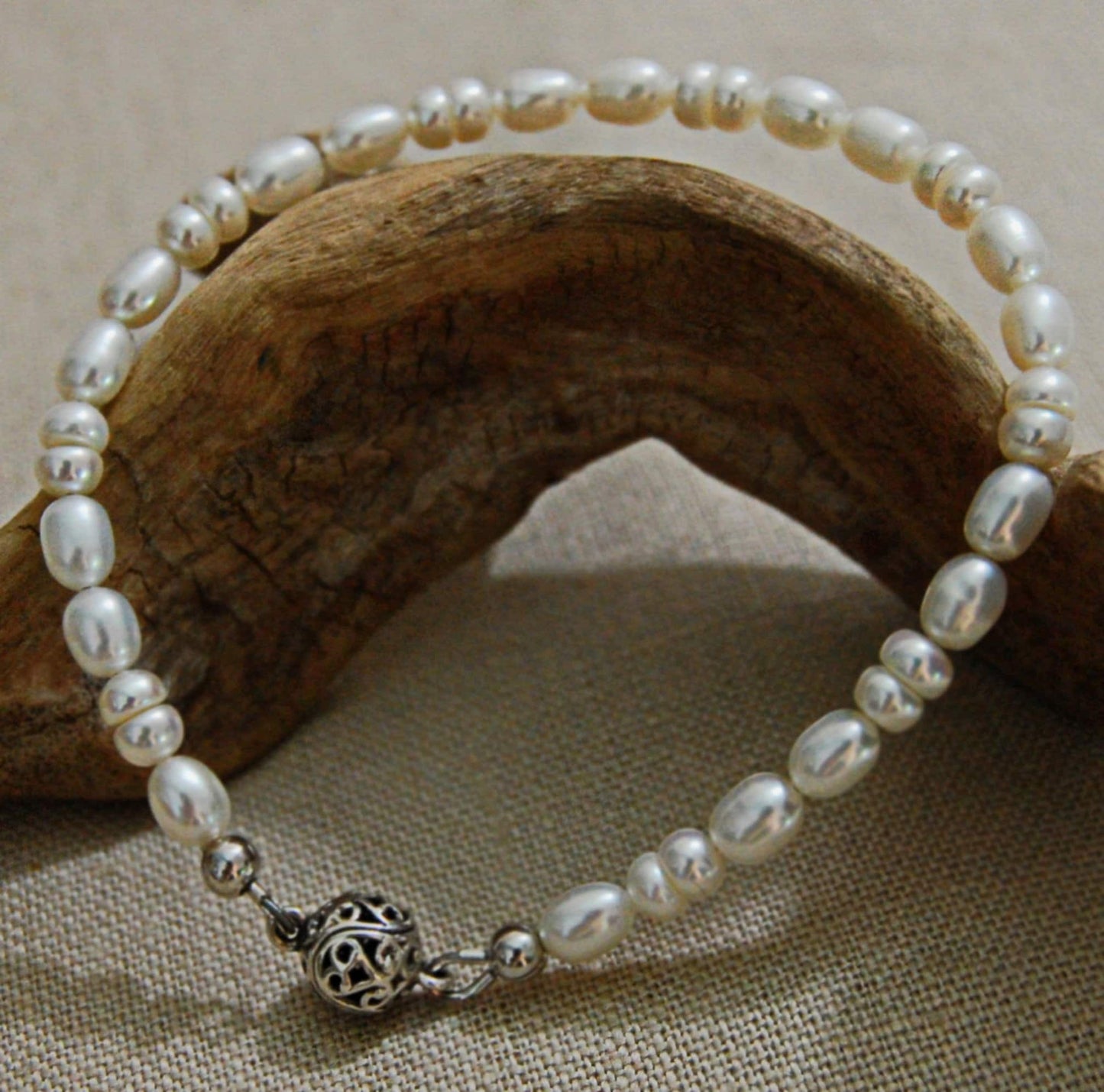 Lucy- Lovely White Freshwater Pearl Bracelet with Oxidized Sterling Silver Filigree Magnetic Clasp.