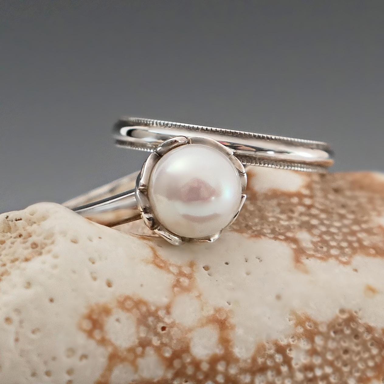 Emma - Pearl Wedding Ring Set in Solid Continuum® Sterling Silver. Free Shipping US.