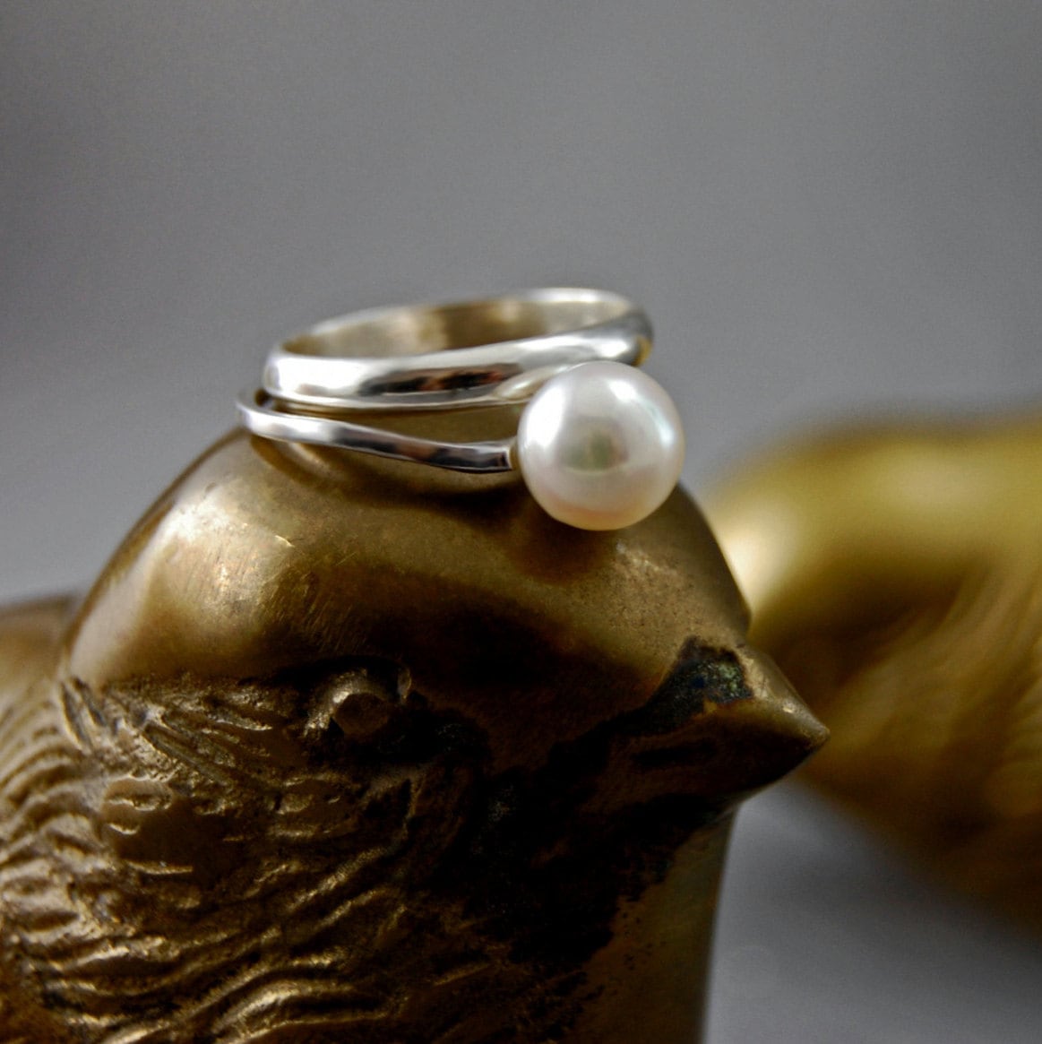 Amita - Pearl Engagement, Promise or Stacking Ring, Sterling Silver, FREE SHIP US