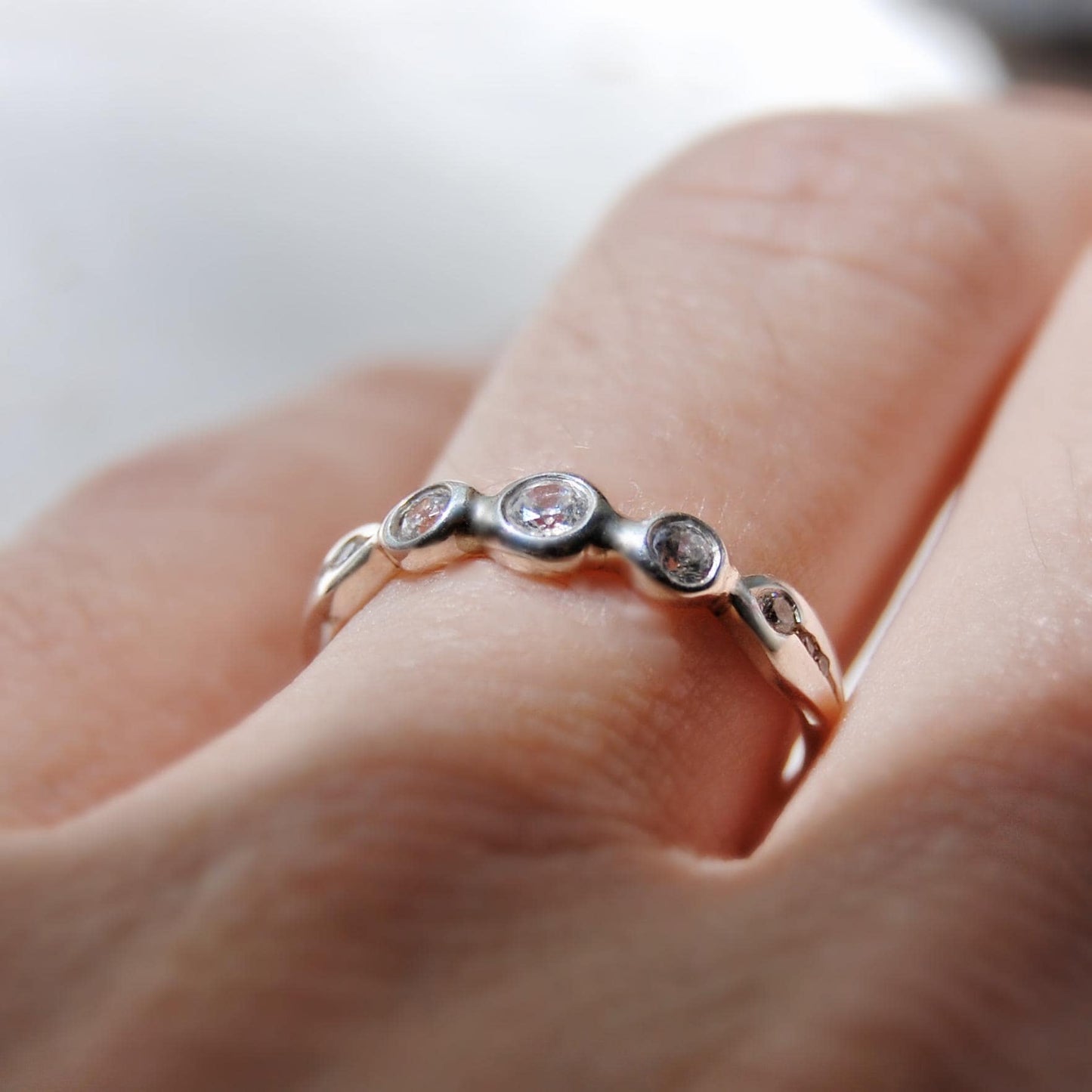 Nora - Delicately Beautiful Three Stone Engagement, Commitment or Stacking Ring with Accent CZ Side Gemstones, Set in Solid Silver.