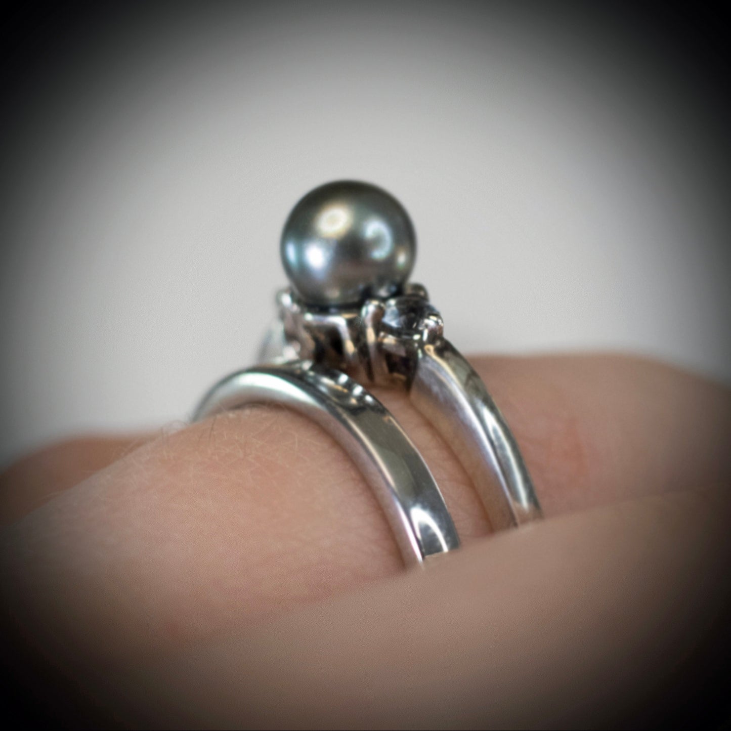 Miri - Akoya Pearl Engagement Ring, Aquamarine gemstones, Continuum® Sterling Silver, Free Ship US