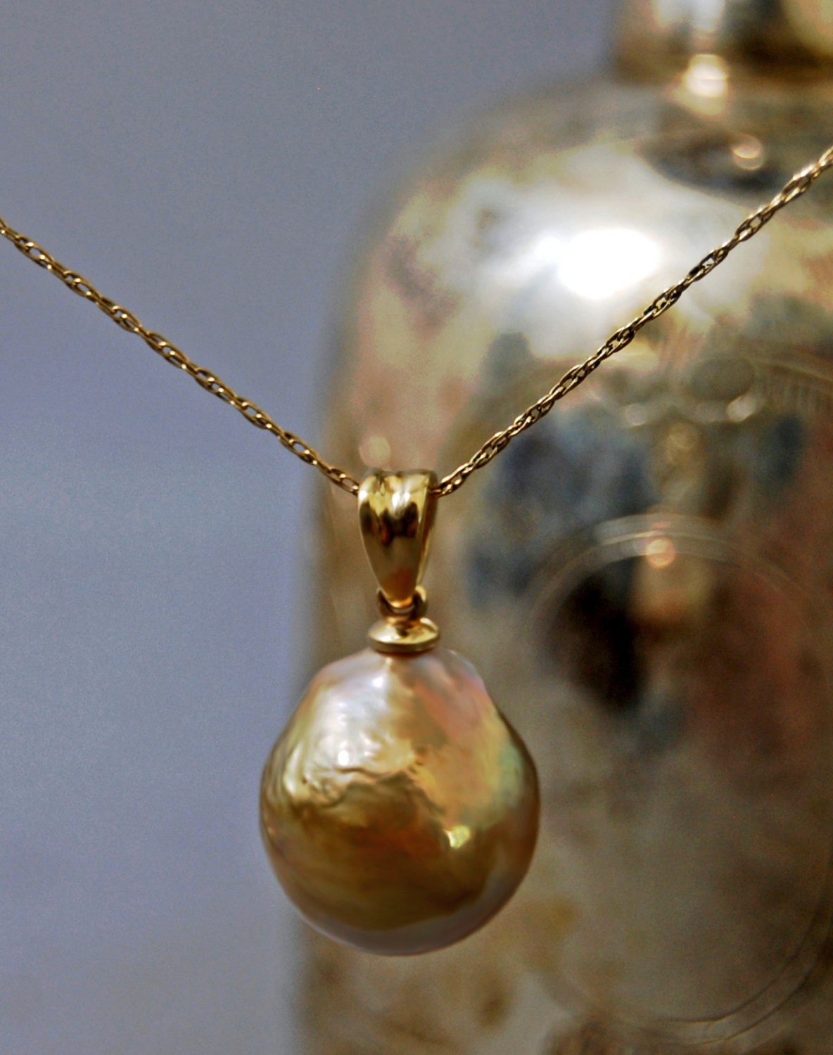 Hera - Pearl Pendant Features a Unique Freshwater Pearl Set in Solid 14kt Yellow Gold, FREE SHIPPING US