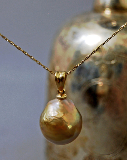 Hera - Pearl Pendant Features a Unique Freshwater Pearl Set in Solid 14kt Yellow Gold, FREE SHIPPING US