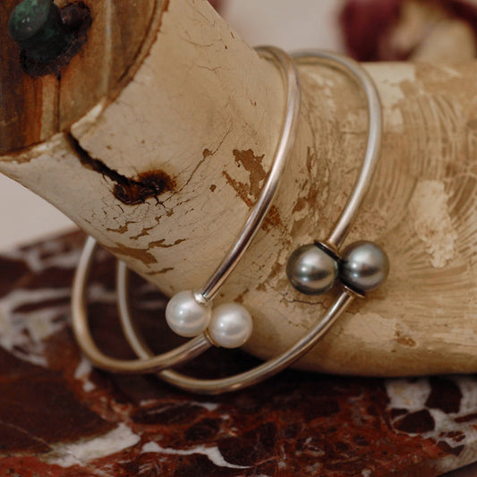 Phoebe, Melanie - Pearl Flex Bangle in White or Gray Pearls, Sterling Silver, FREE SHIP US