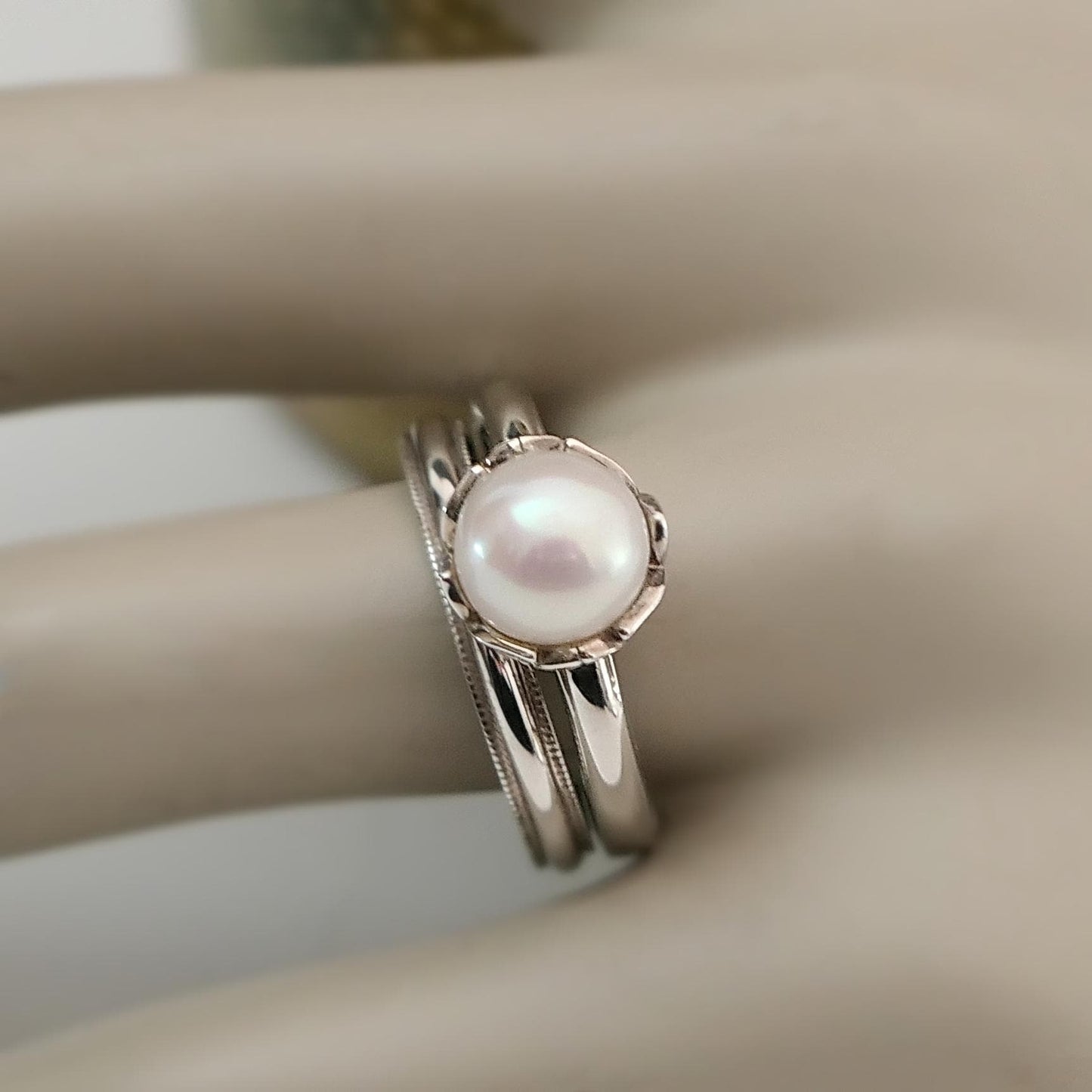 Emma - Pearl Wedding Ring Set in Solid Continuum® Sterling Silver. Free Shipping US.