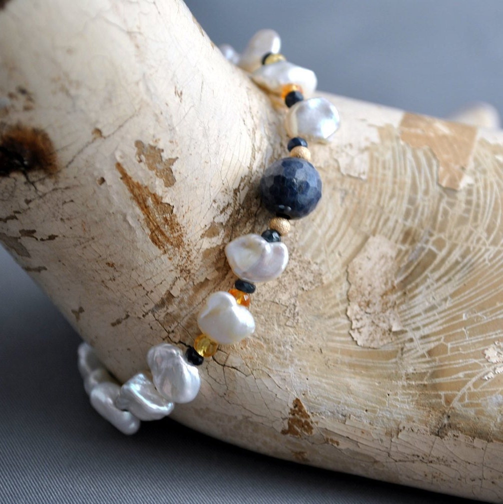 Terzah- Boho Keshi Pearl and Sapphire Bracelet with Detailed Scarab Beetle Charm. FREE SHIP US