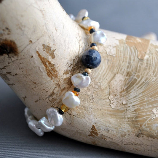 Terzah- Boho Keshi Pearl and Sapphire Bracelet with Detailed Scarab Beetle Charm. FREE SHIP US