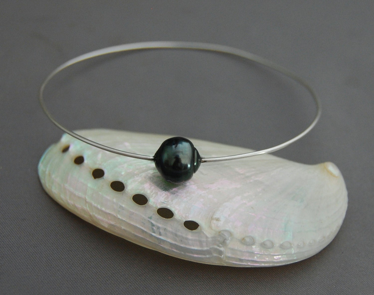 Elle - Pearl Bangle Features a Black Tahitian Pearl and Sterling Silver, FREE SHIPPING US