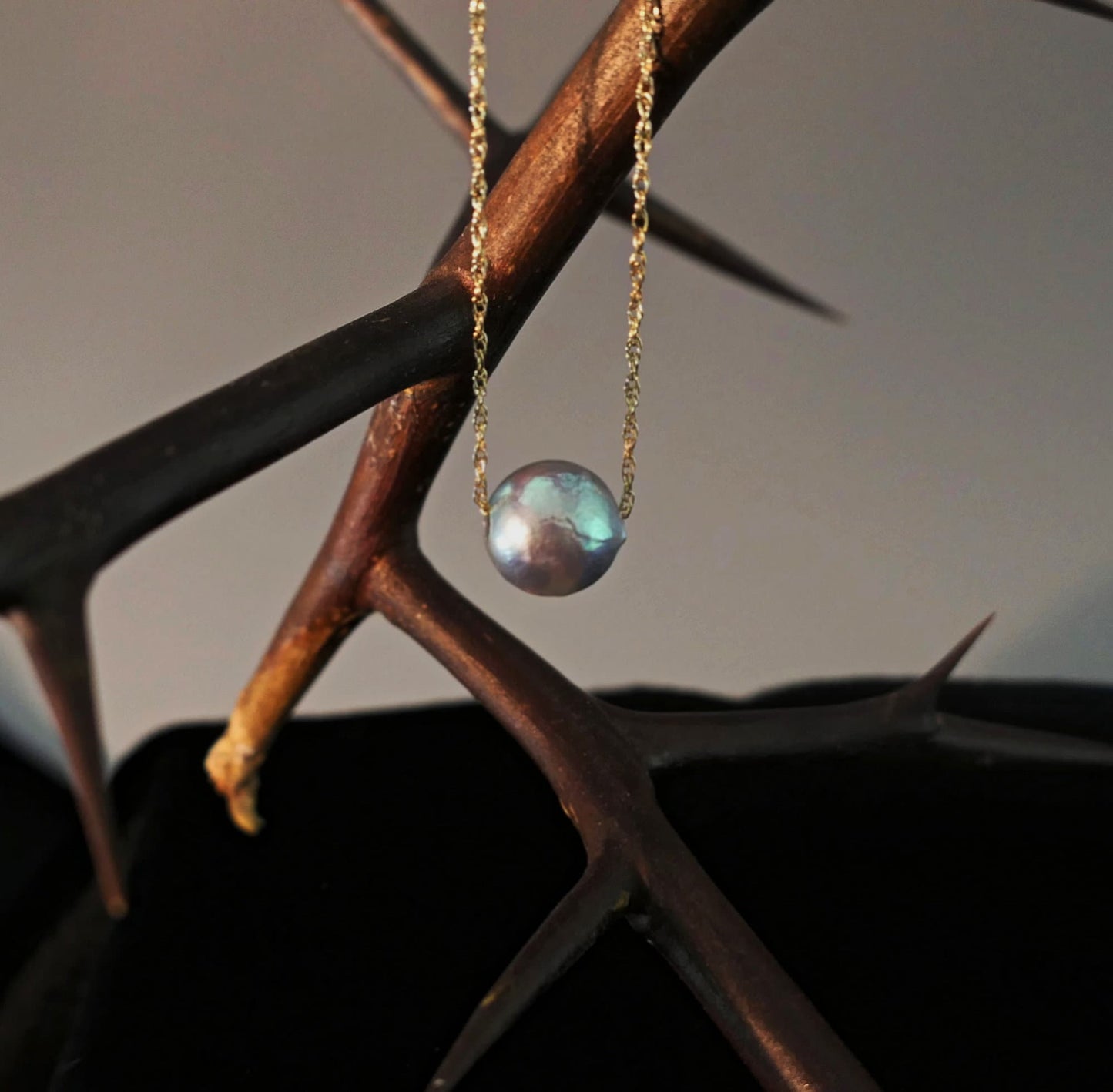 Noelani - Floating Akoya Pearl Pendant Necklace in White or Blue/Gray Set on Solid 14kt Gold Chain. Free Shipping US.