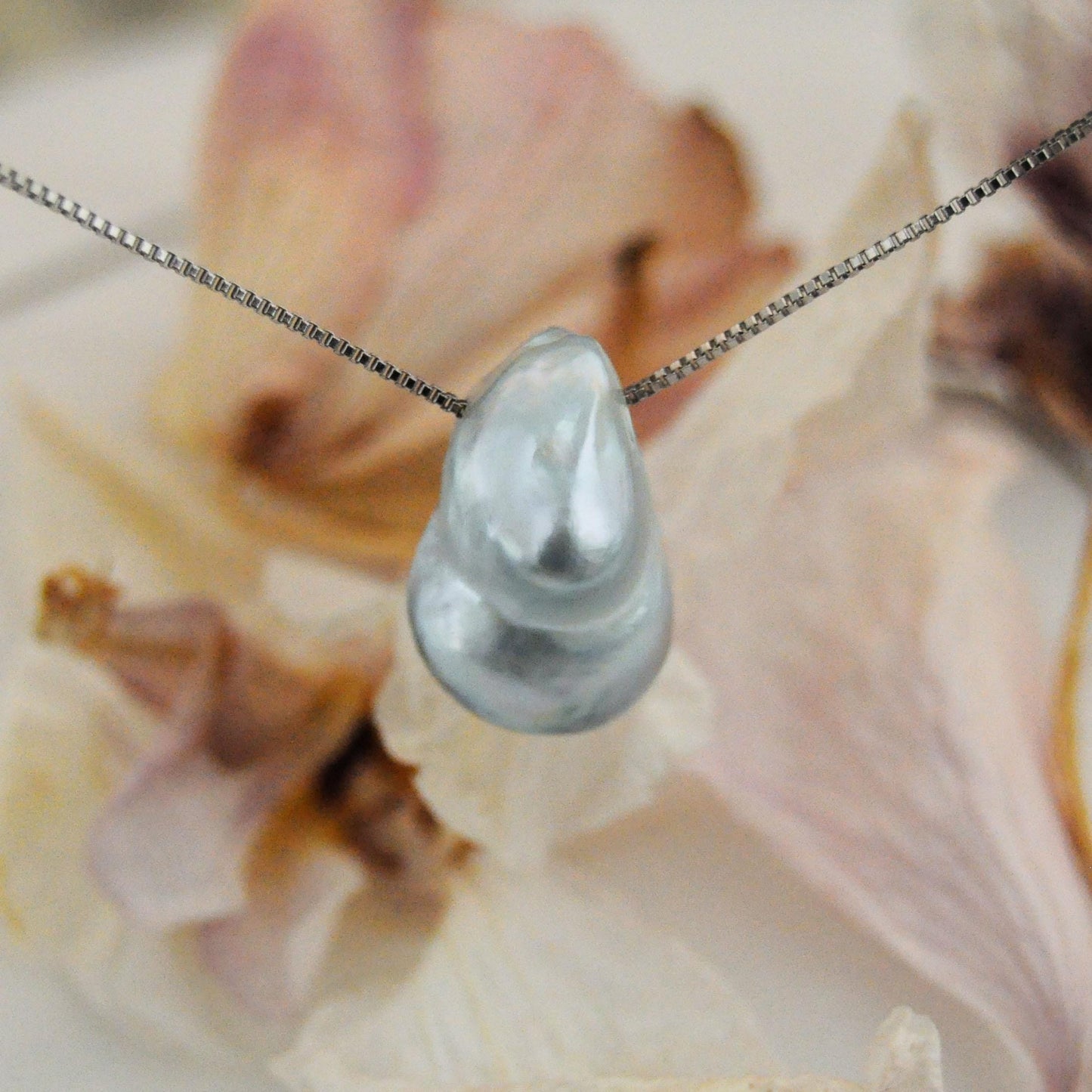 Tammy - Floating South Sea Pearl Pendant Necklace in Blue/Gray set on Solid Sterling Silver Rhodium Plated Chain for Ease of Care.