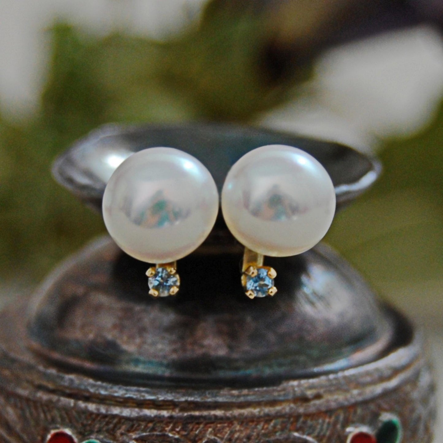 Neiva - Unique Freshwater Pearl Stud Earrings with Aquamarine Accents Set in Solid 14kt Gold, FREE SHIPPING US