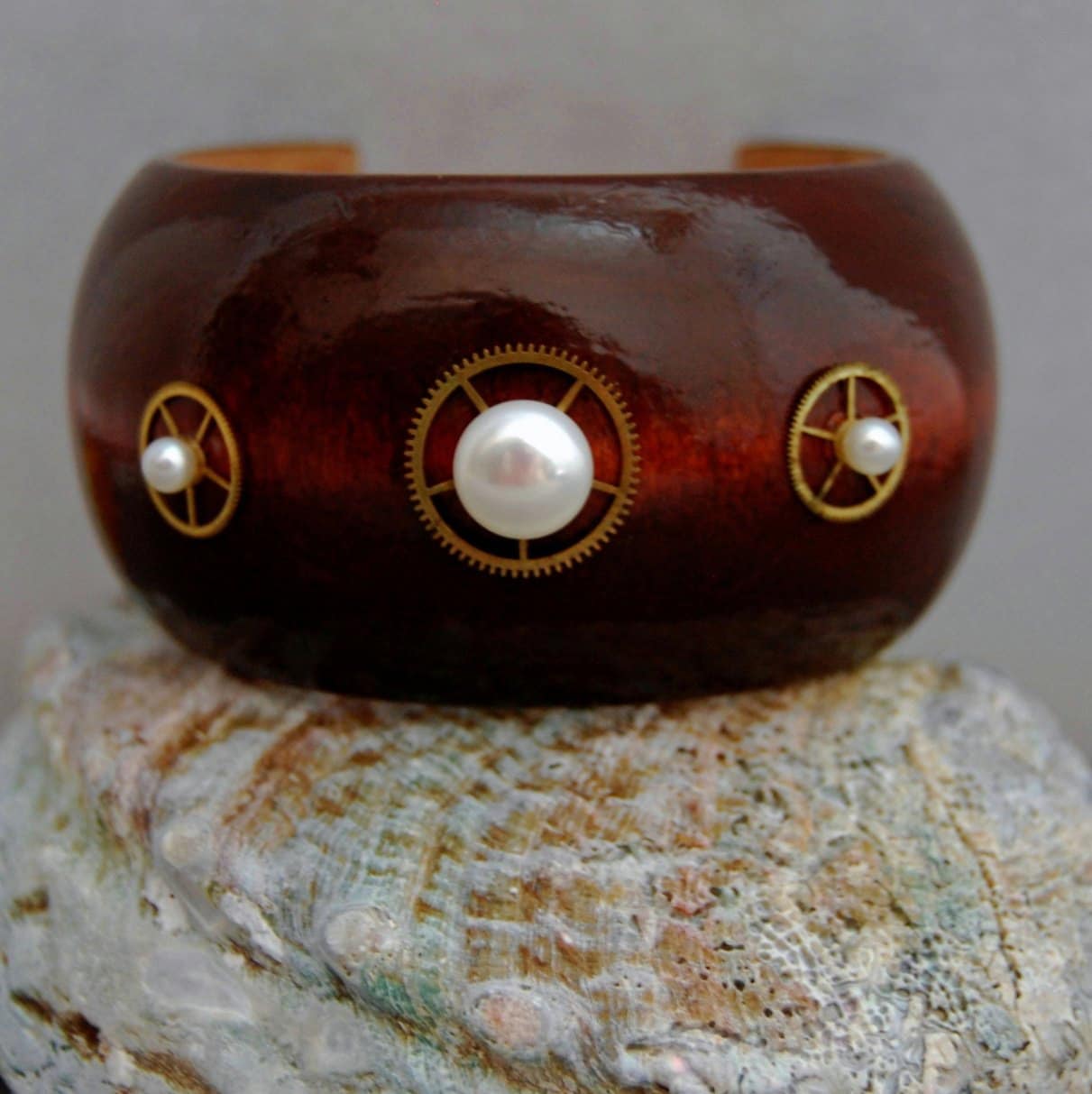 Maren - Unique Handmade Wooden Cuff Bracelet Featuring Pearl and Repurposed Watch Gear Accents, FREE SHIP US