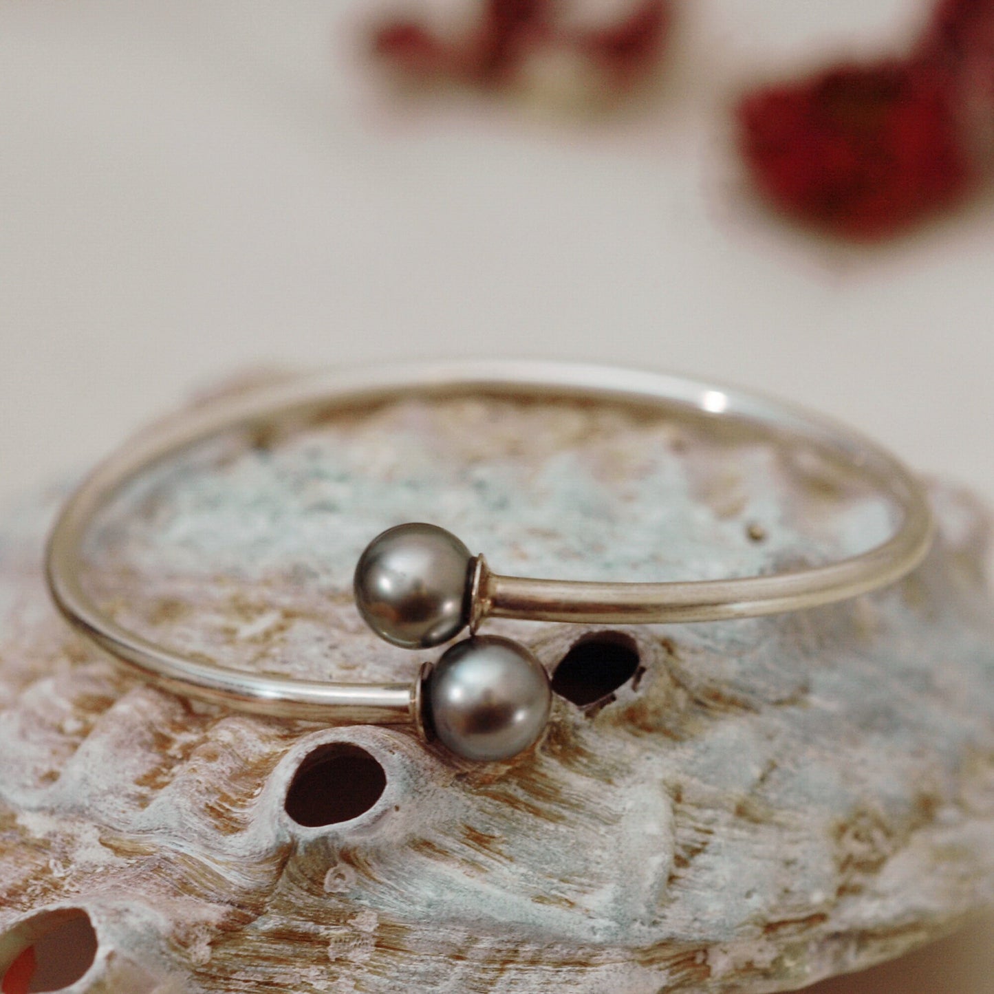 Phoebe, Melanie - Pearl Flex Bangle in White or Gray Pearls, Sterling Silver, FREE SHIP US