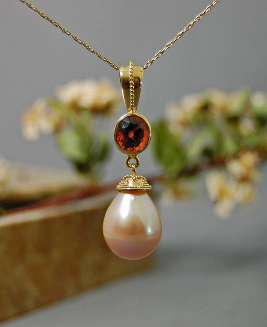Padma - Large Freshwater Pearl Pendant with Garnet Gemstone Accent, FREE Shipping within the US