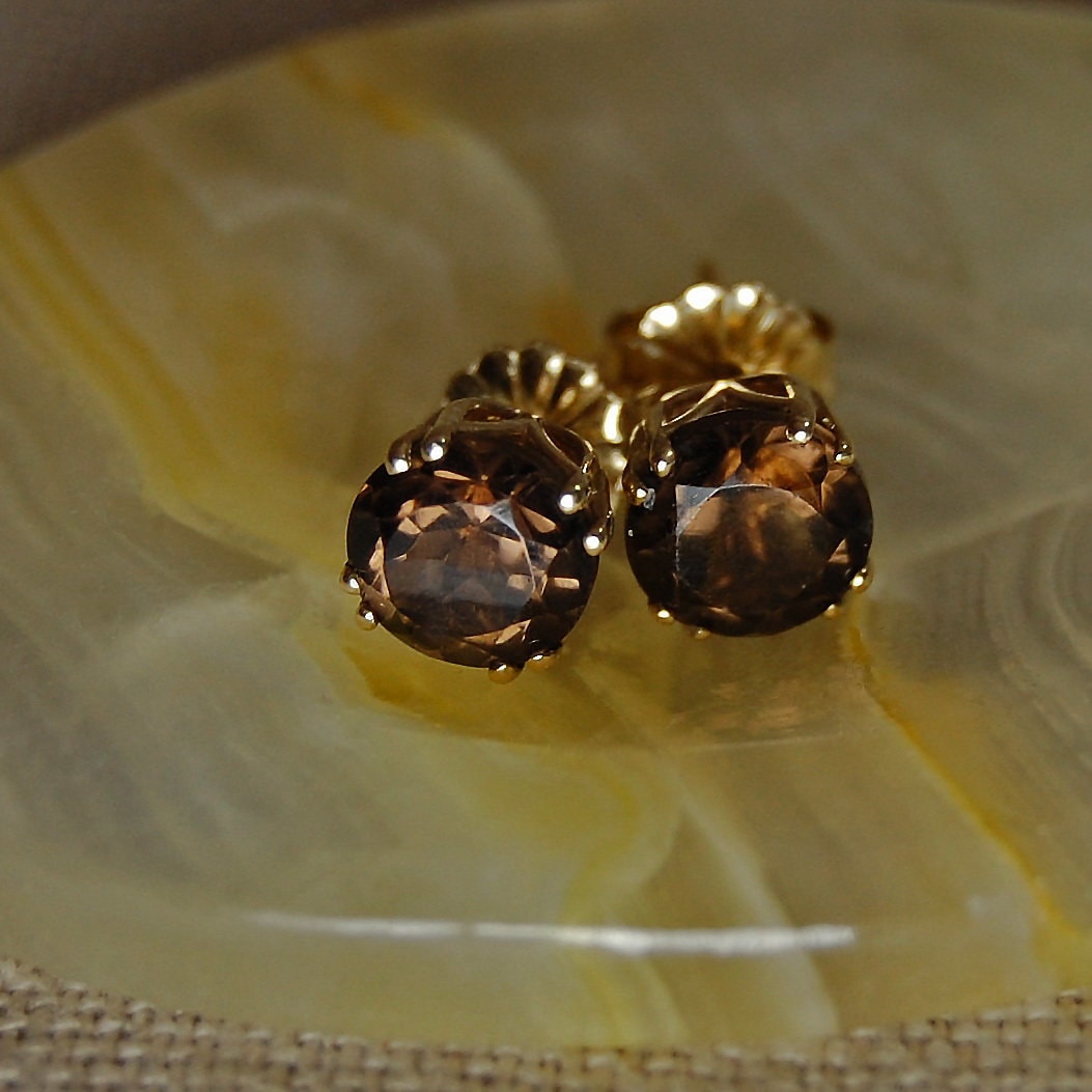Cari - Smoky Quartz Stud Earrings Set in 14kt Gold, Scorpio Birthstone, FREE SHIPPING US