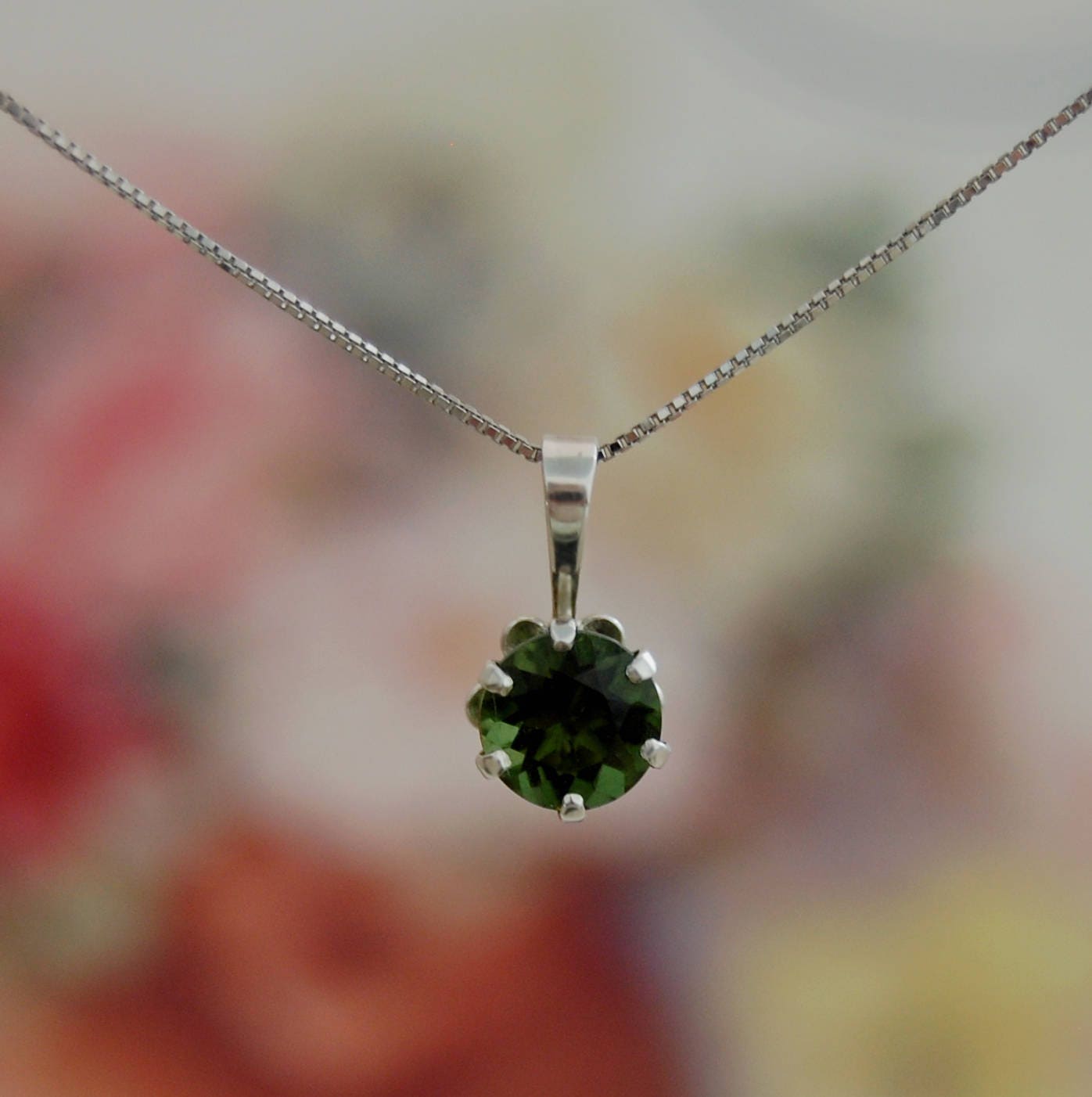 Petra - Green Genuine Moldavite Gemstone Pendant Set in Solid Sterling Silver, Rhodium Plated for Easy Care. FREE SHIPPING US.