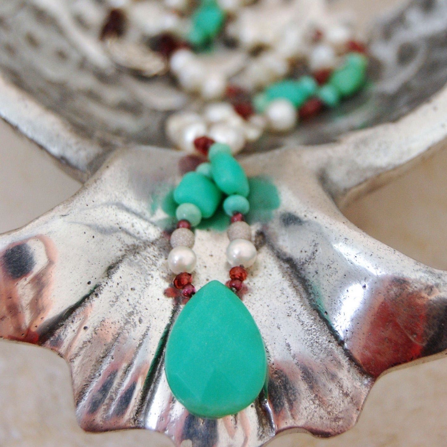 Midori - Gemstone / Pearl Statement Necklace Sterling Silver White Gold