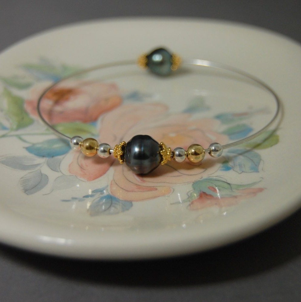 Titania - Tahitian Pearl Stacking Bracelet, Sterling Silver and Gold, FREE SHIP US