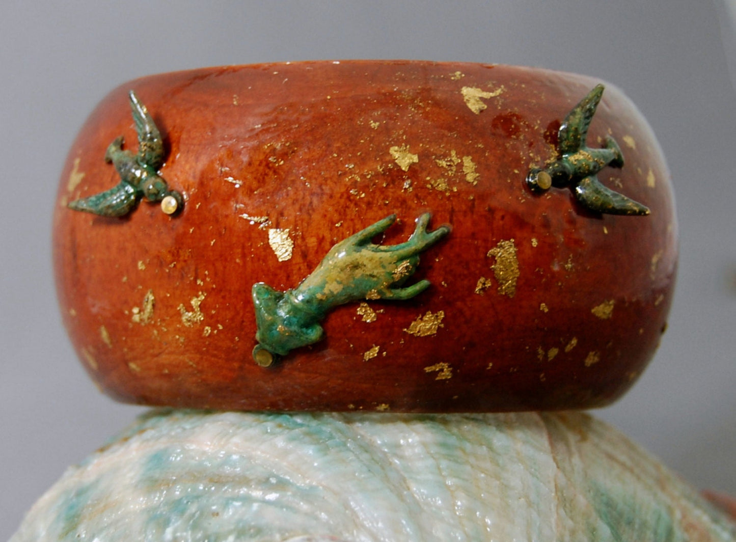 Nadia - Handmade Wooden Bangle Cuff Bracelet with Brass Birds and Gold Flakes, FREE SHIP US